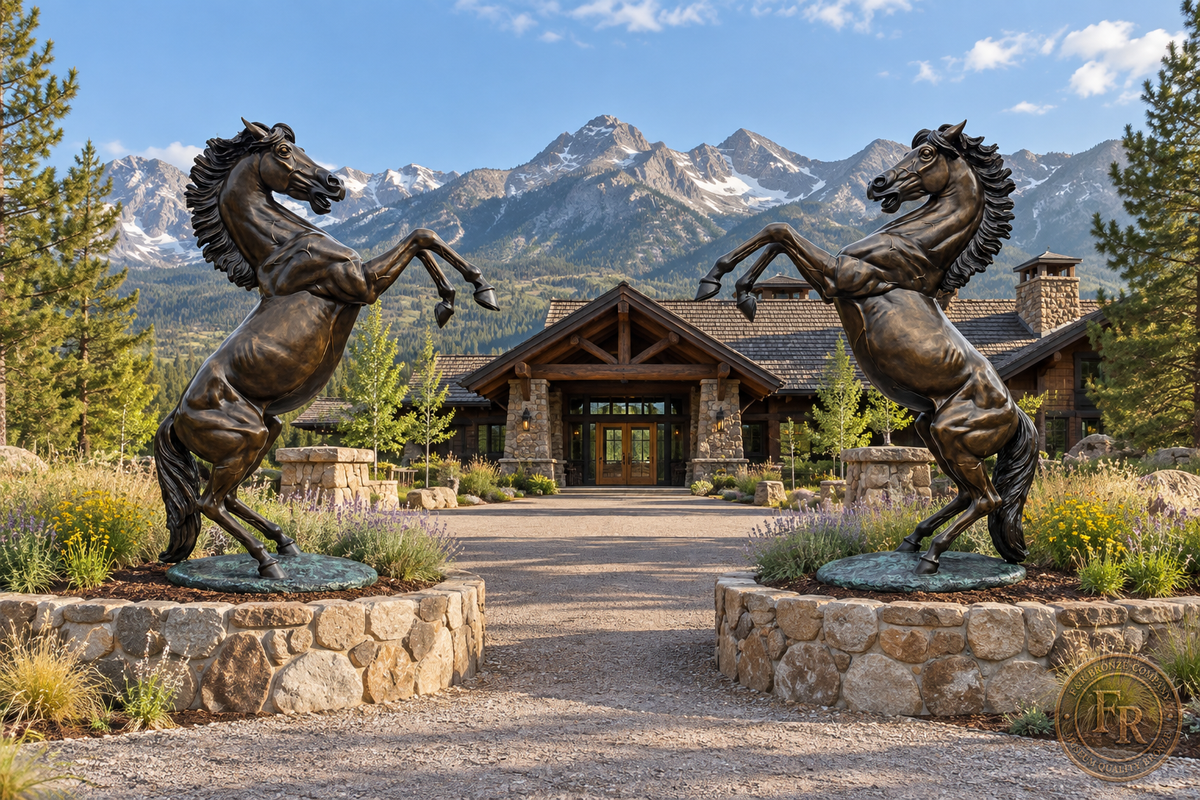 Pair of bronze horse sculptures at a mountain lodge entrance, architectural concept.