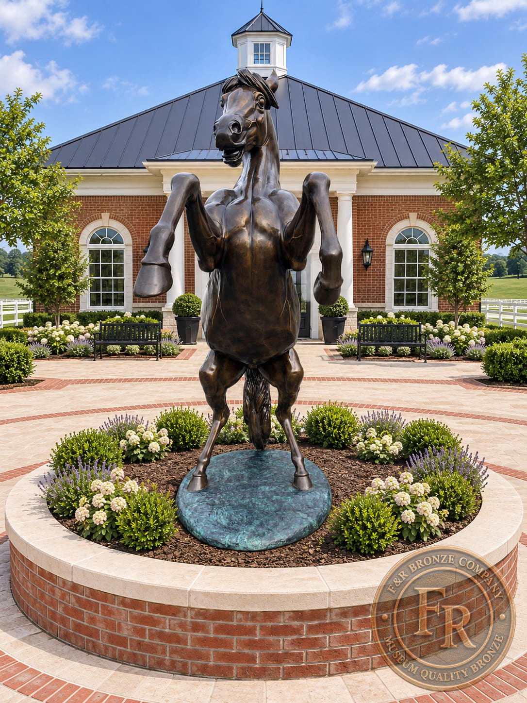 Front view of the bronze horse statue with raised forelegs, shown in an architectural entrance concept.