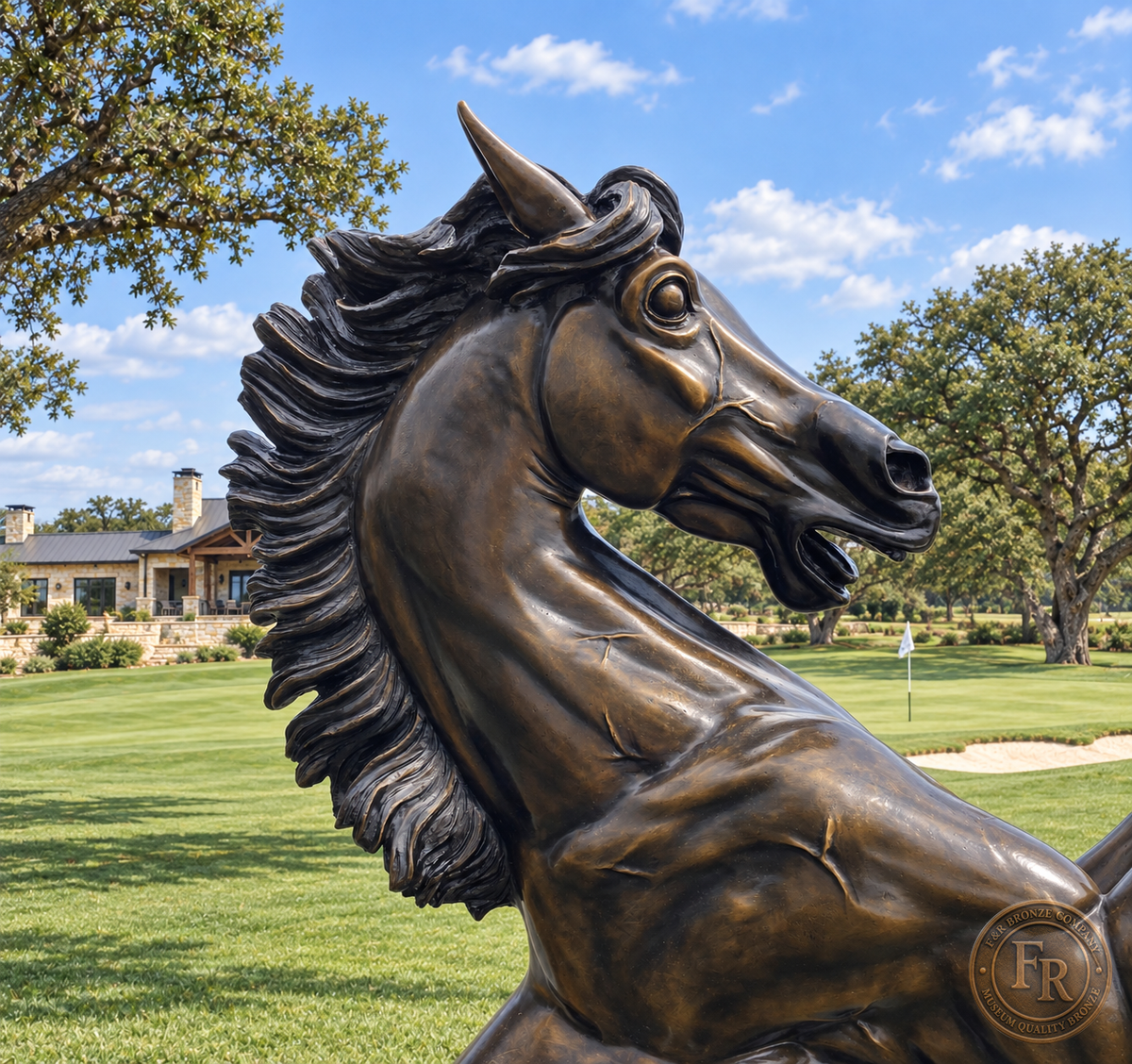 Bronze stallion head facing right, with modeled mane and expressive features in a concept image.