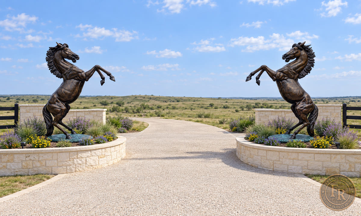 Pair of equine bronze horse sculptures at an open landscaped entrance, architectural concept.