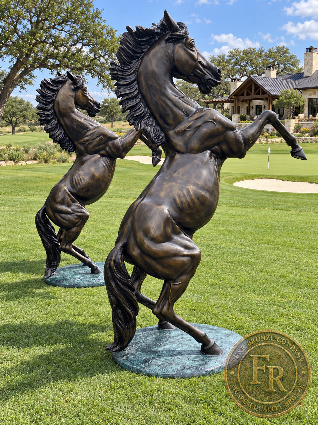 Side angle of paired equine bronze sculptures in a landscaped ranch entrance concept.
