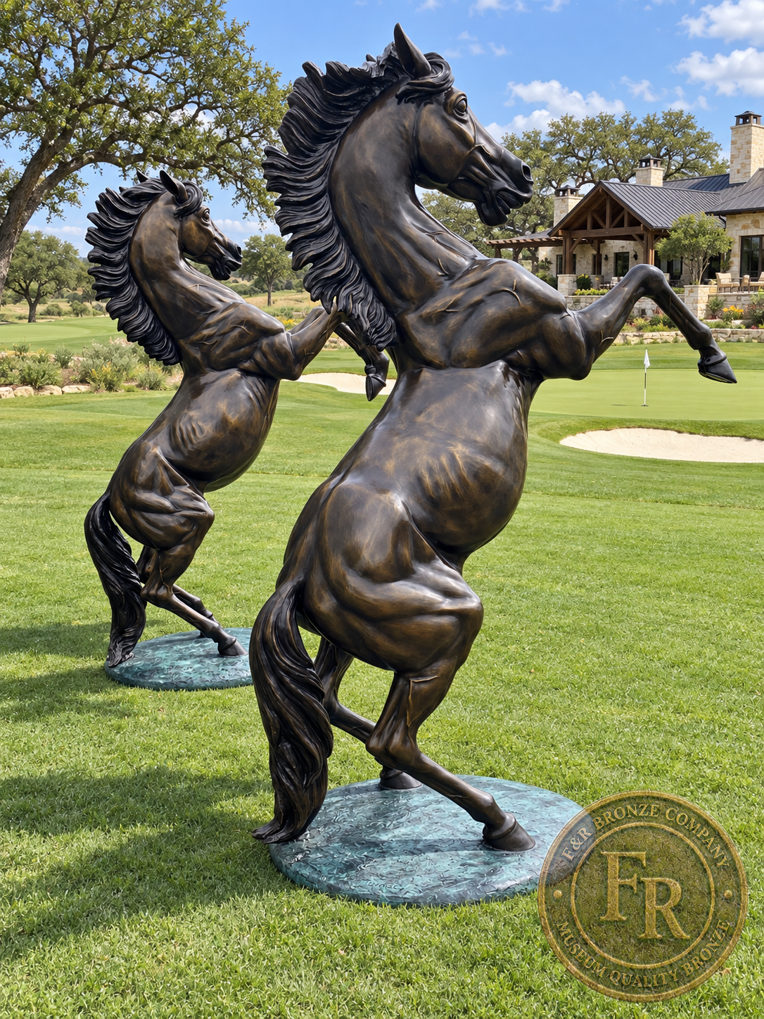 Side angle of paired equine bronze sculptures in a landscaped ranch entrance concept.