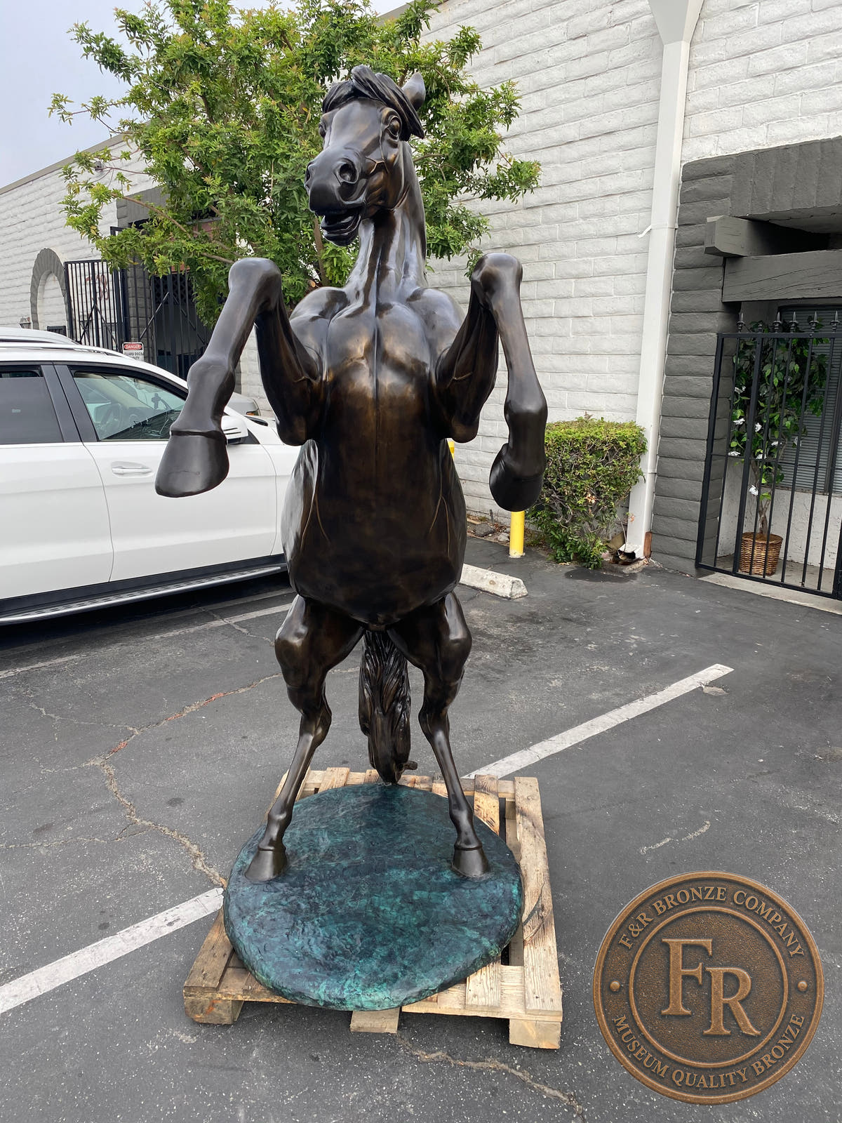 Front product view of the Left life-size bronze horse with raised forelegs and green patina base.