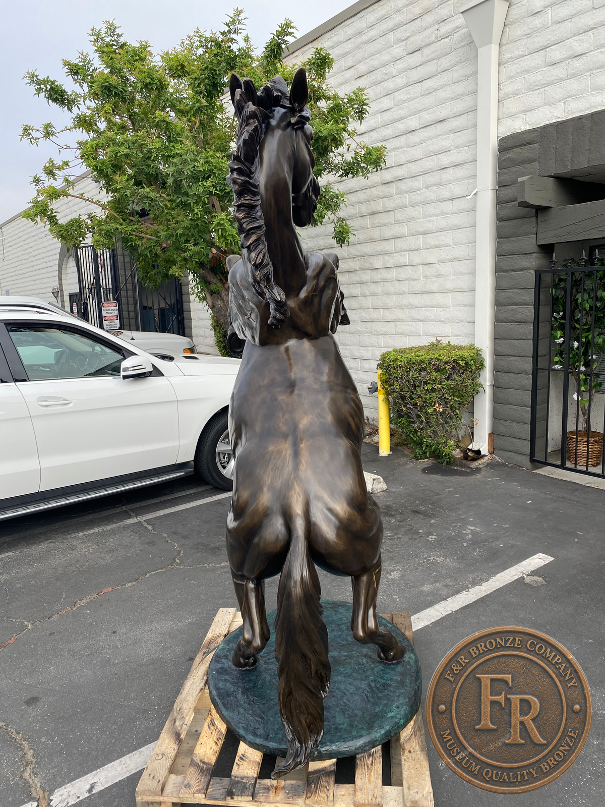 Rear product view of the Left rearing horse bronze sculpture, showing the tail and textured oval base.