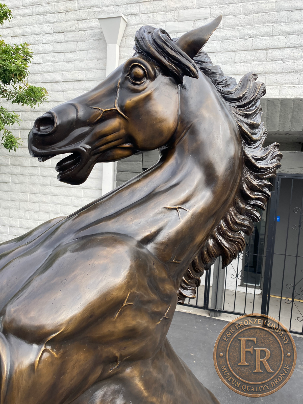 Original detail photograph of the Left rearing stallion bronze head and mane.
