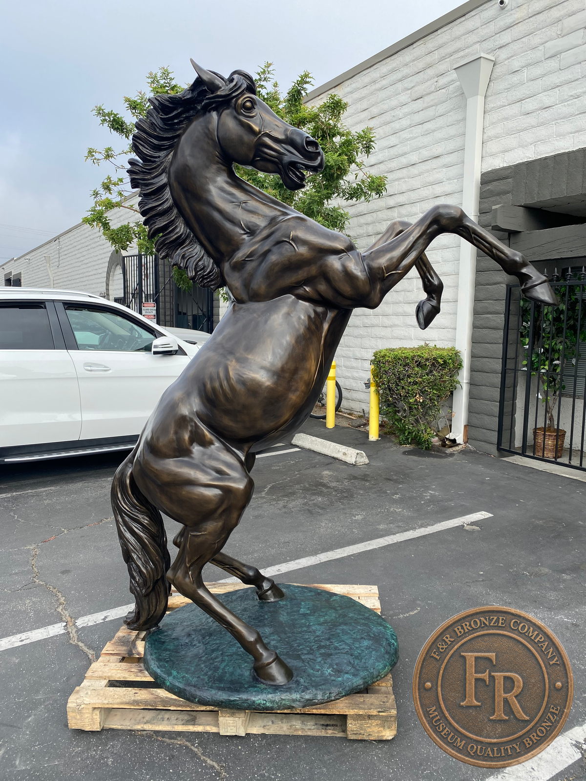 Opposite side of the Left stallion bronze sculpture, showing the mane and curved tail.