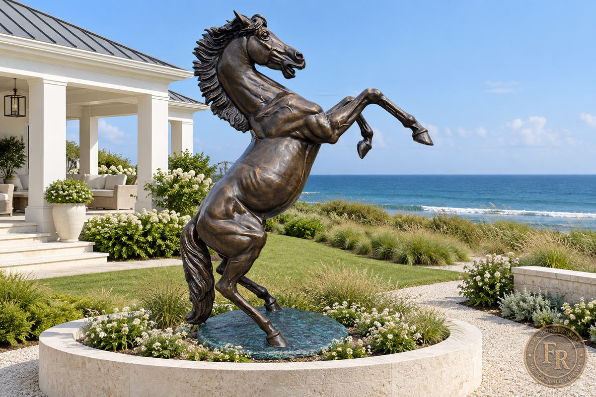 Life-size bronze horse sculpture overlooking a coastal setting in an architectural concept.