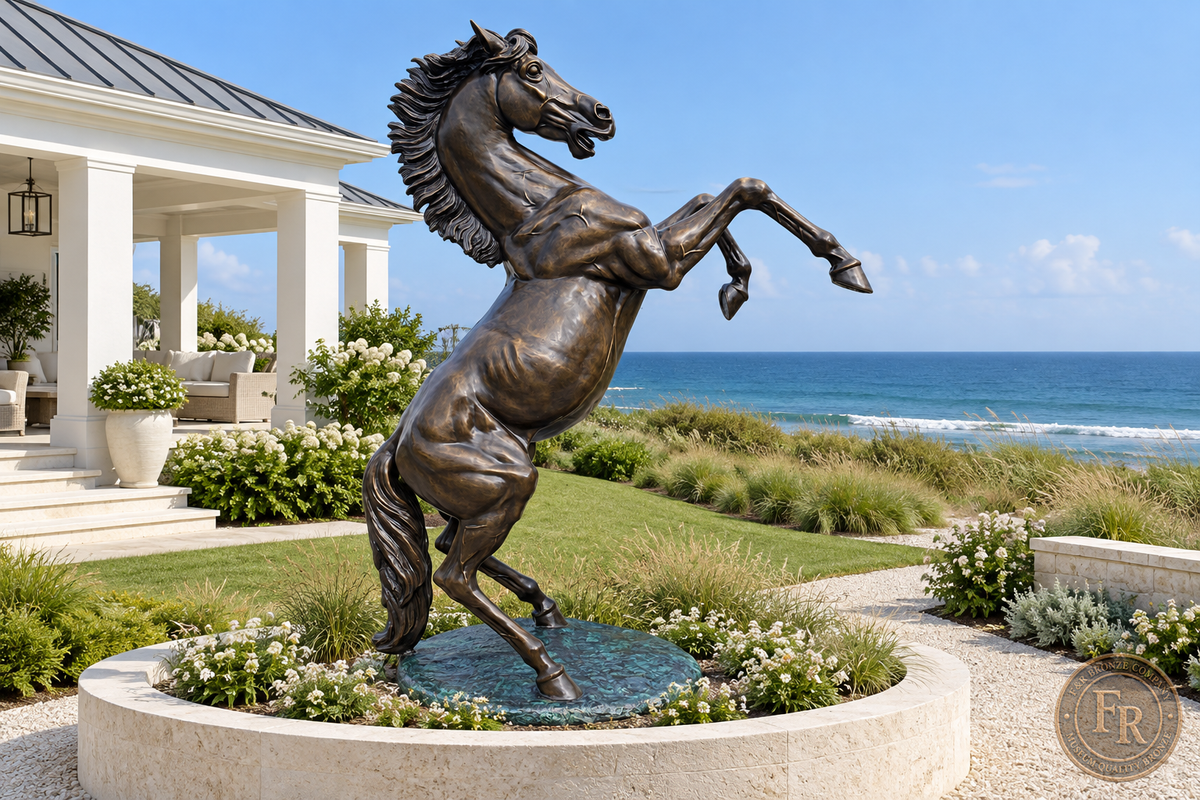 Life-size bronze horse sculpture overlooking a coastal setting in an architectural concept.