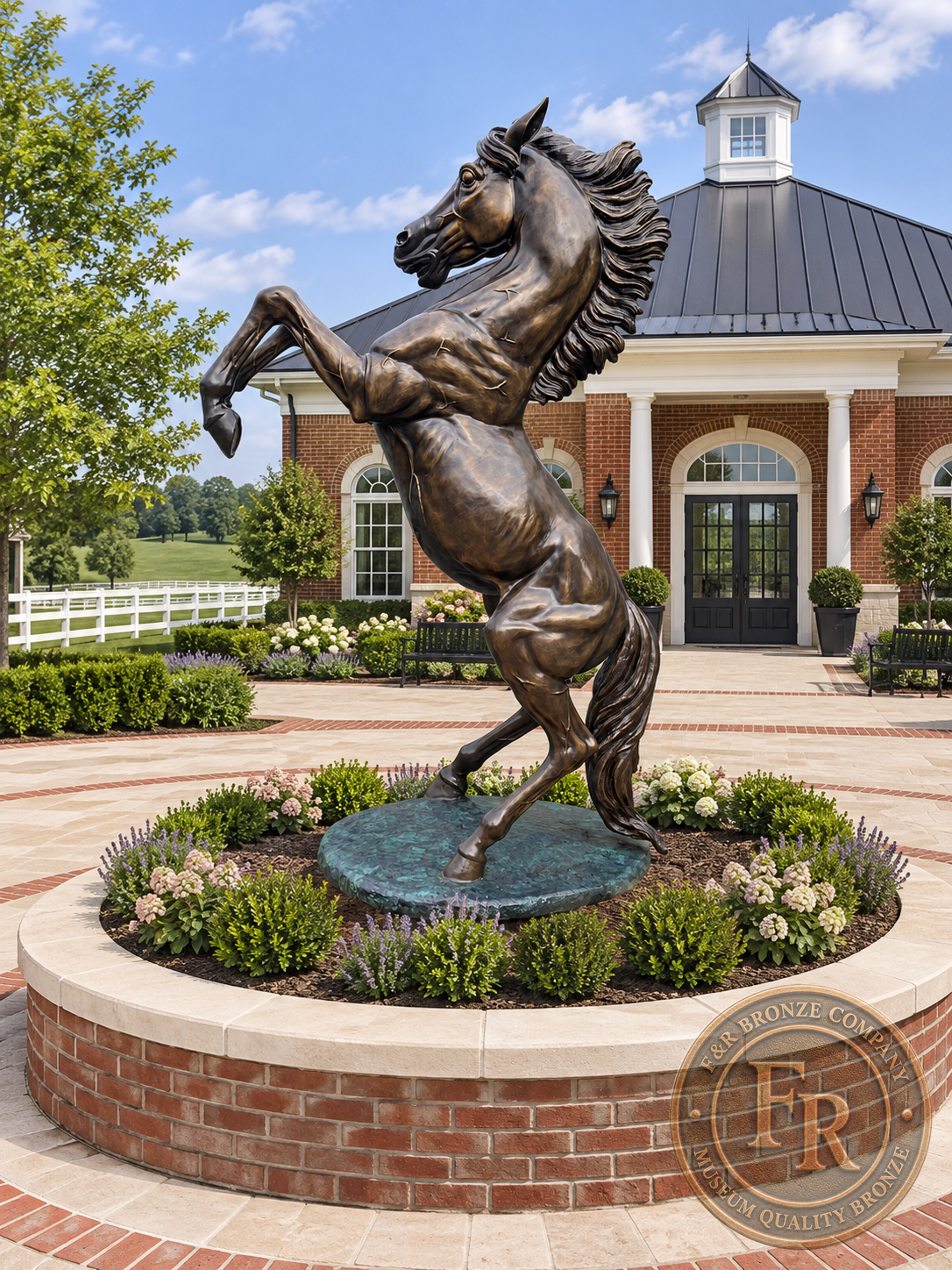Life-size bronze horse sculpture in a circular planter at an equestrian entrance, three-quarter architectural concept.