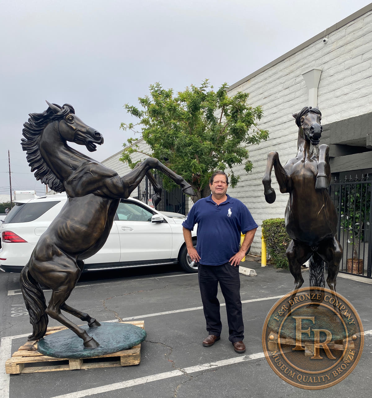 Original angled photograph of life-size bronze horses with Mike standing beside the pair.