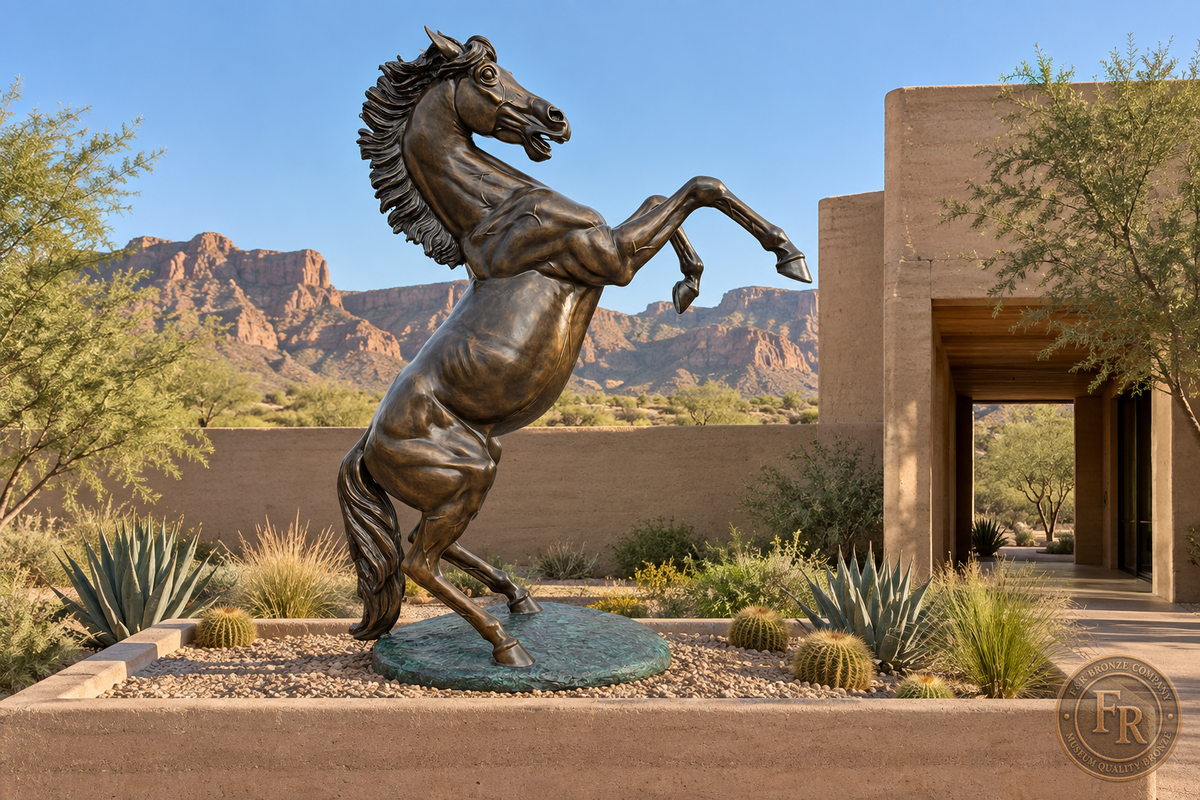 Life-size horse bronze sculpture in a desert resort landscape, architectural concept.