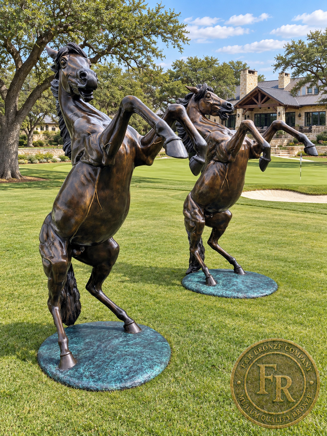 Life-size horse sculptures viewed diagonally from the front in a ranch landscape concept.