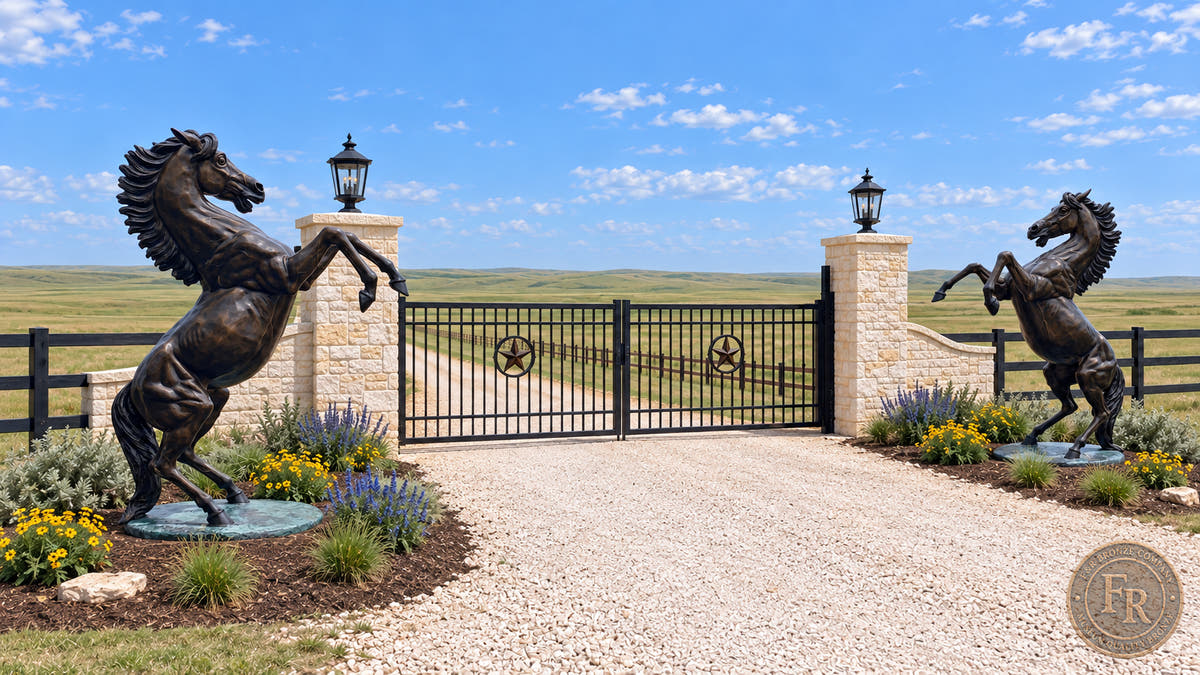 Life-size horse statues on landscaped planters at a gate, shown in an installation concept.