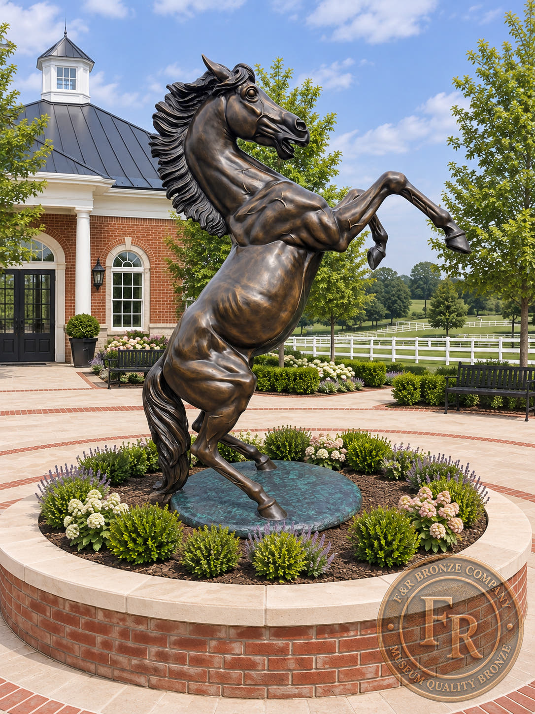 Opposite profile of the life-size stallion bronze sculpture in a landscaped entrance concept.