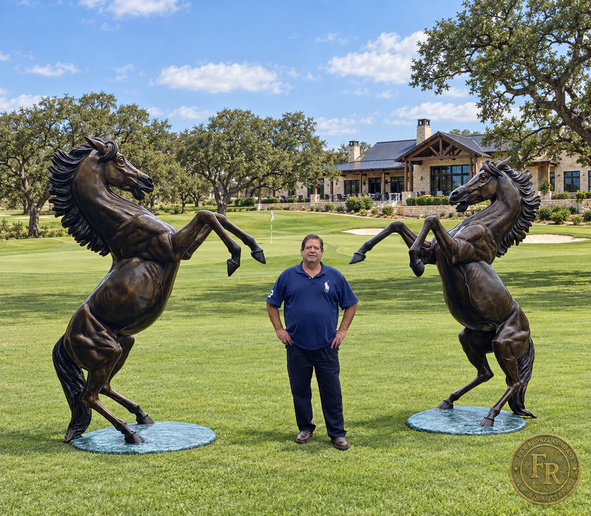 Two rearing bronze horses with a person beside them in a ranch landscape concept; apparent scale may vary.