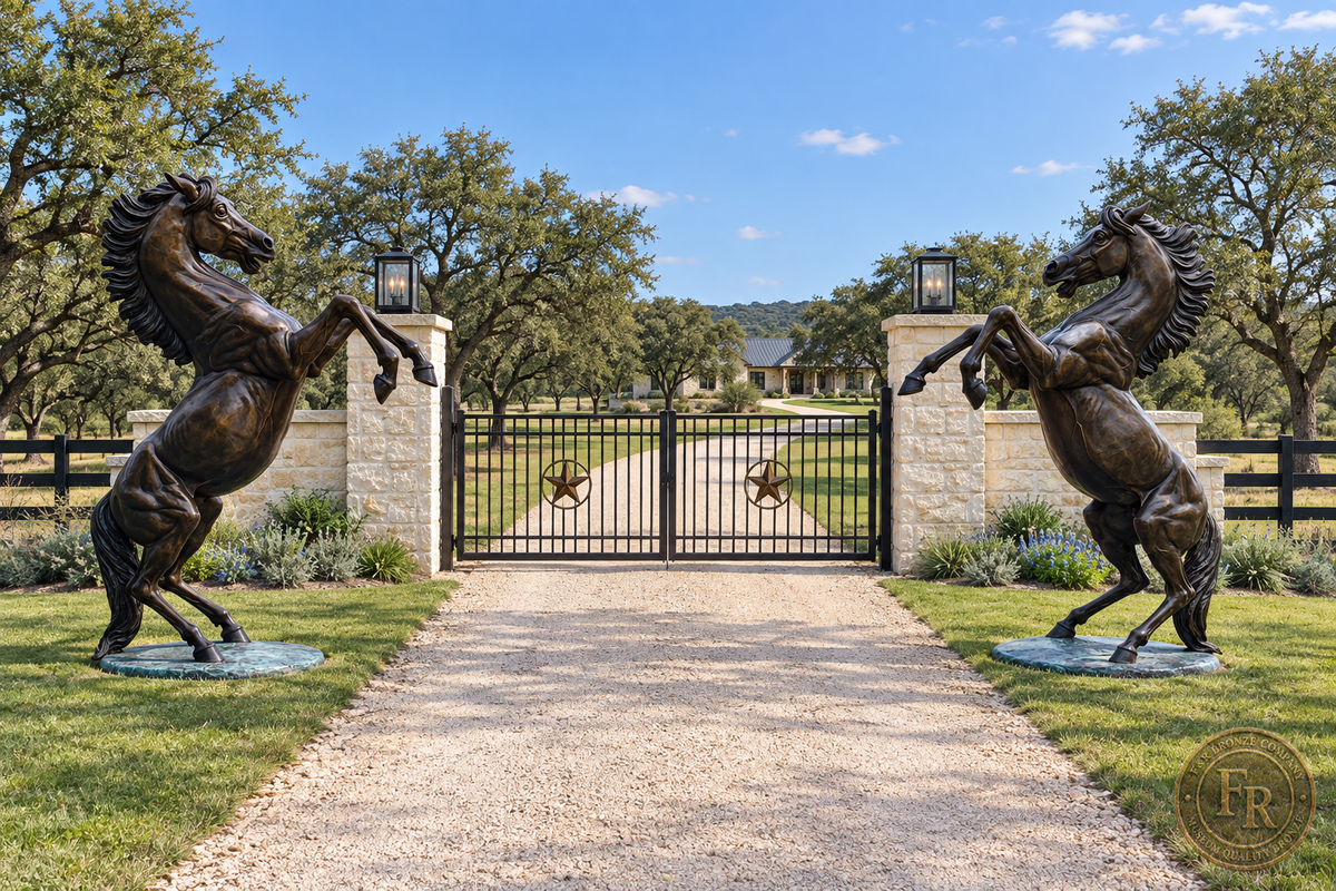 Paired rearing bronze horses framing a gated property entrance in an architectural concept.