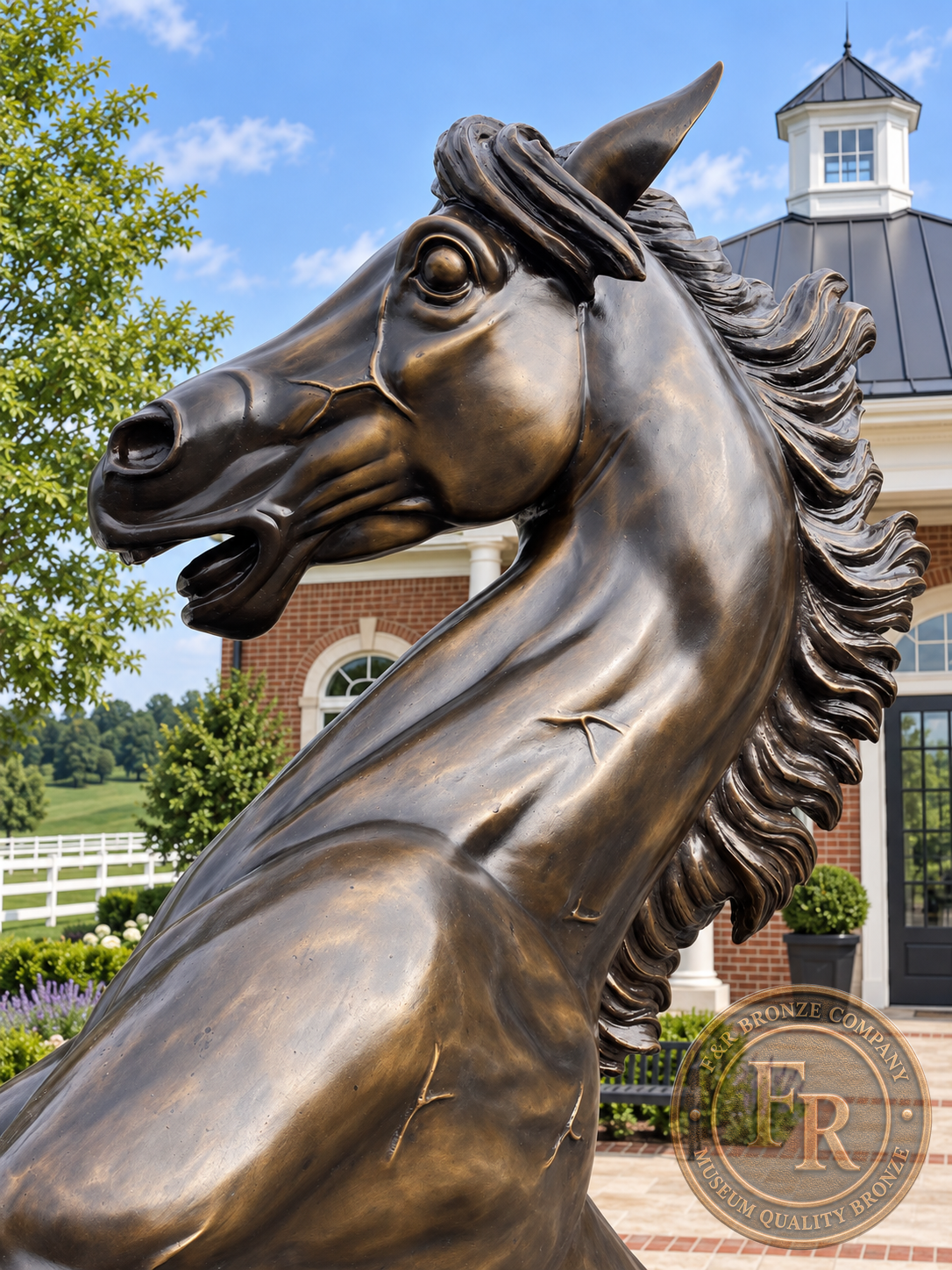 Head and flowing mane of the rearing bronze horse in an equestrian entrance concept.