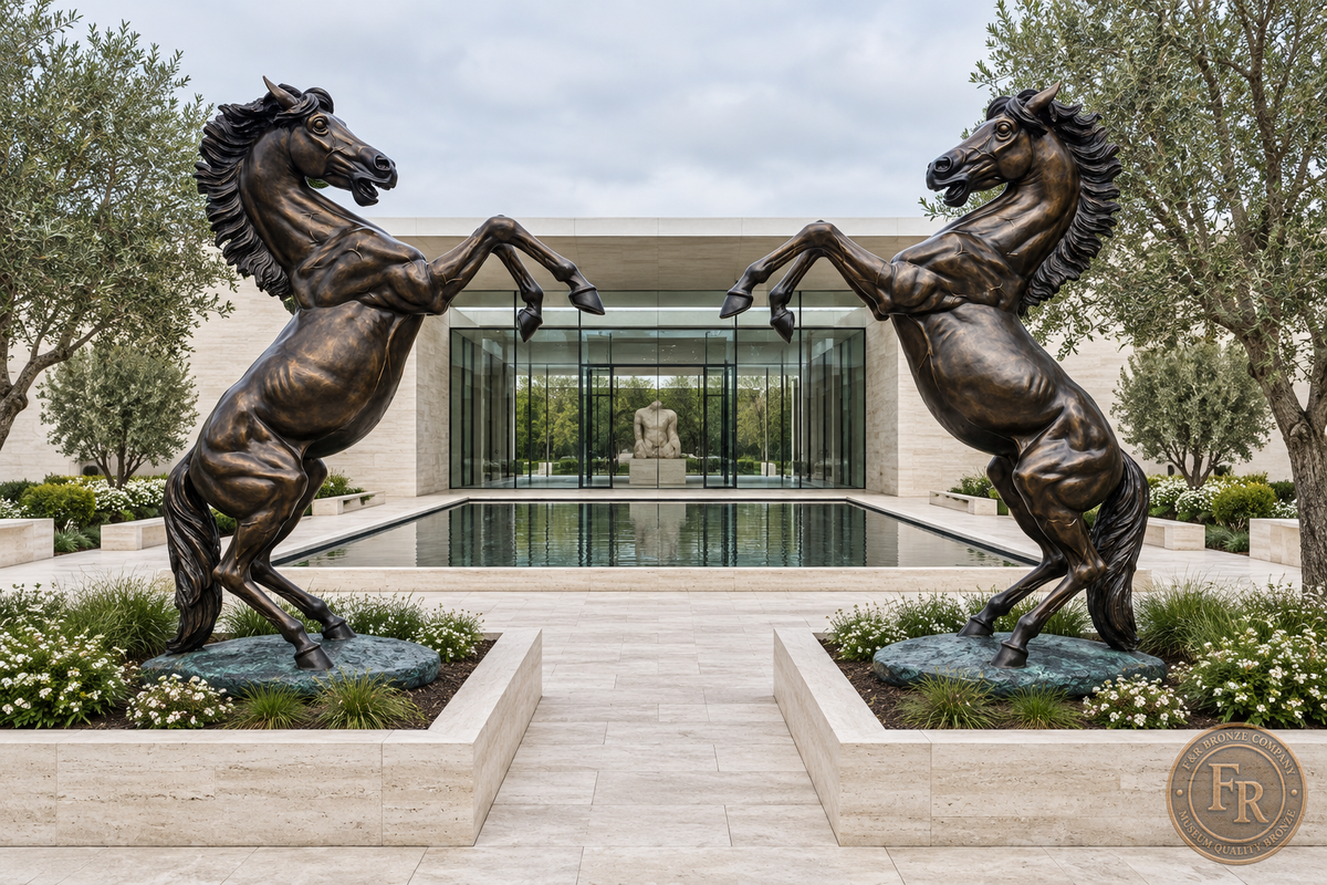 Two rearing stallion bronze sculptures outside a museum in an architectural placement concept.