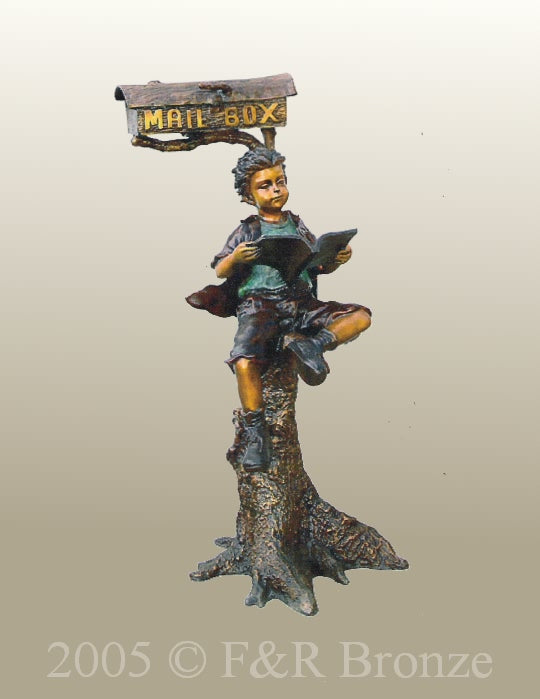 Monumental Boy With Mail Box Bronze Statue