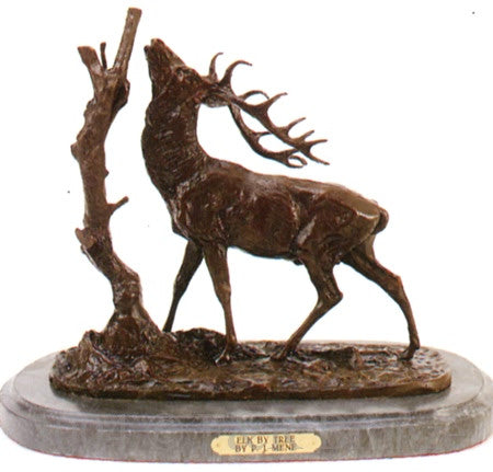 Elk by Tree Bronze Statue by Pierre-Jules Mêne