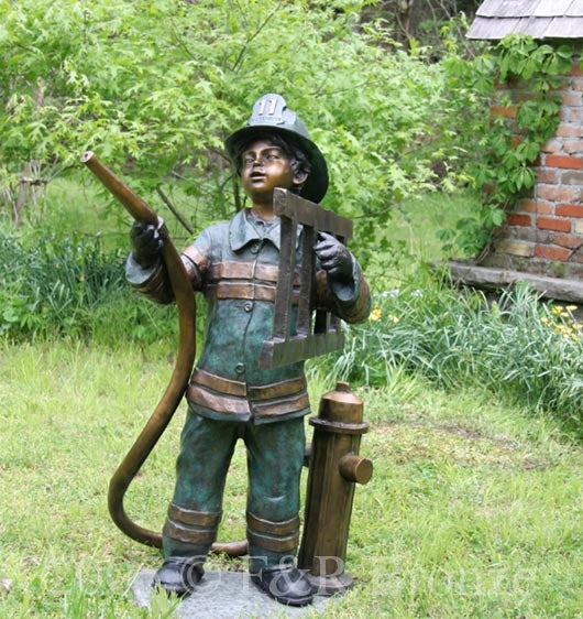 Life-Size Firefighter Boy Bronze Statue Fountain by Turner