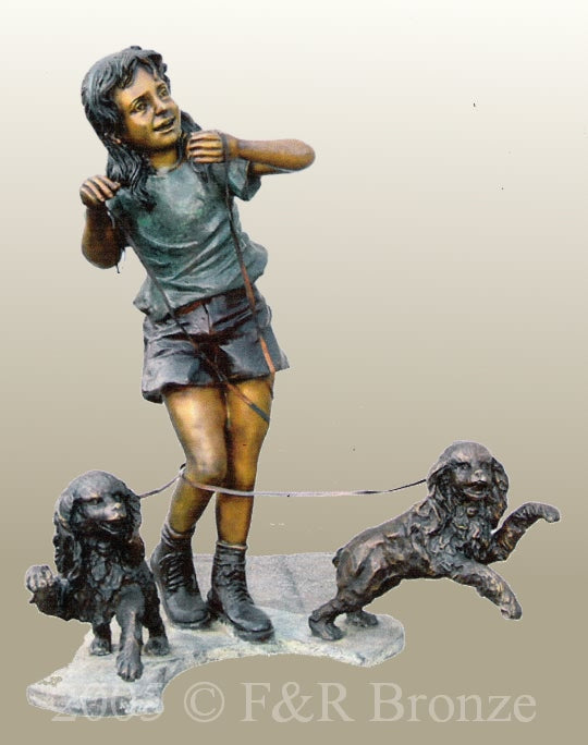 Jumbo Girl With Two Dogs Bronze Statue