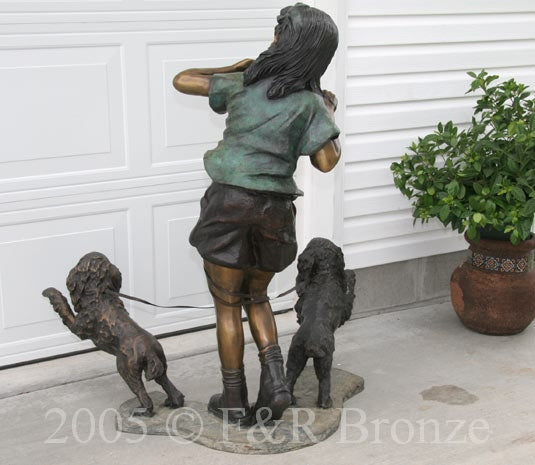 Jumbo Girl With Two Dogs Bronze Statue