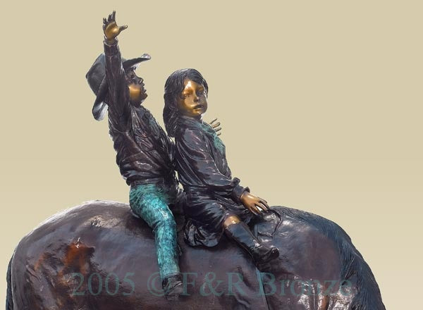 Monumental Boy & Girl On Horse Bronze Statue