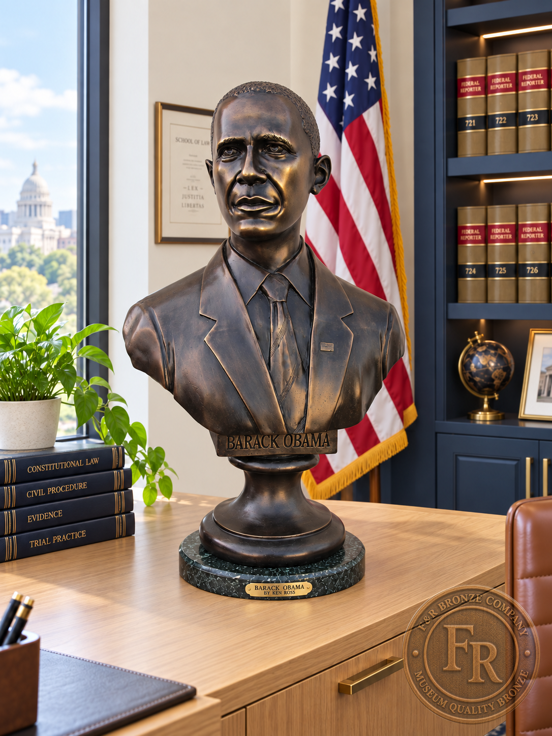 Alternate front view of a Barack Obama presidential bronze portrait, with a turned pedestal and green stone base.