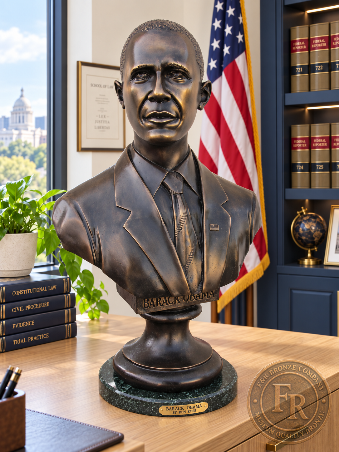 President Barack Obama bronze bust, front view with a dark brown patina, pedestal and green stone base in an office setting.
