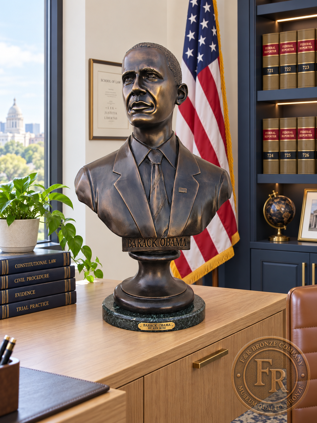Wide three-quarter view of a President Barack Obama bronze statue displayed on a light wood cabinet in an office.