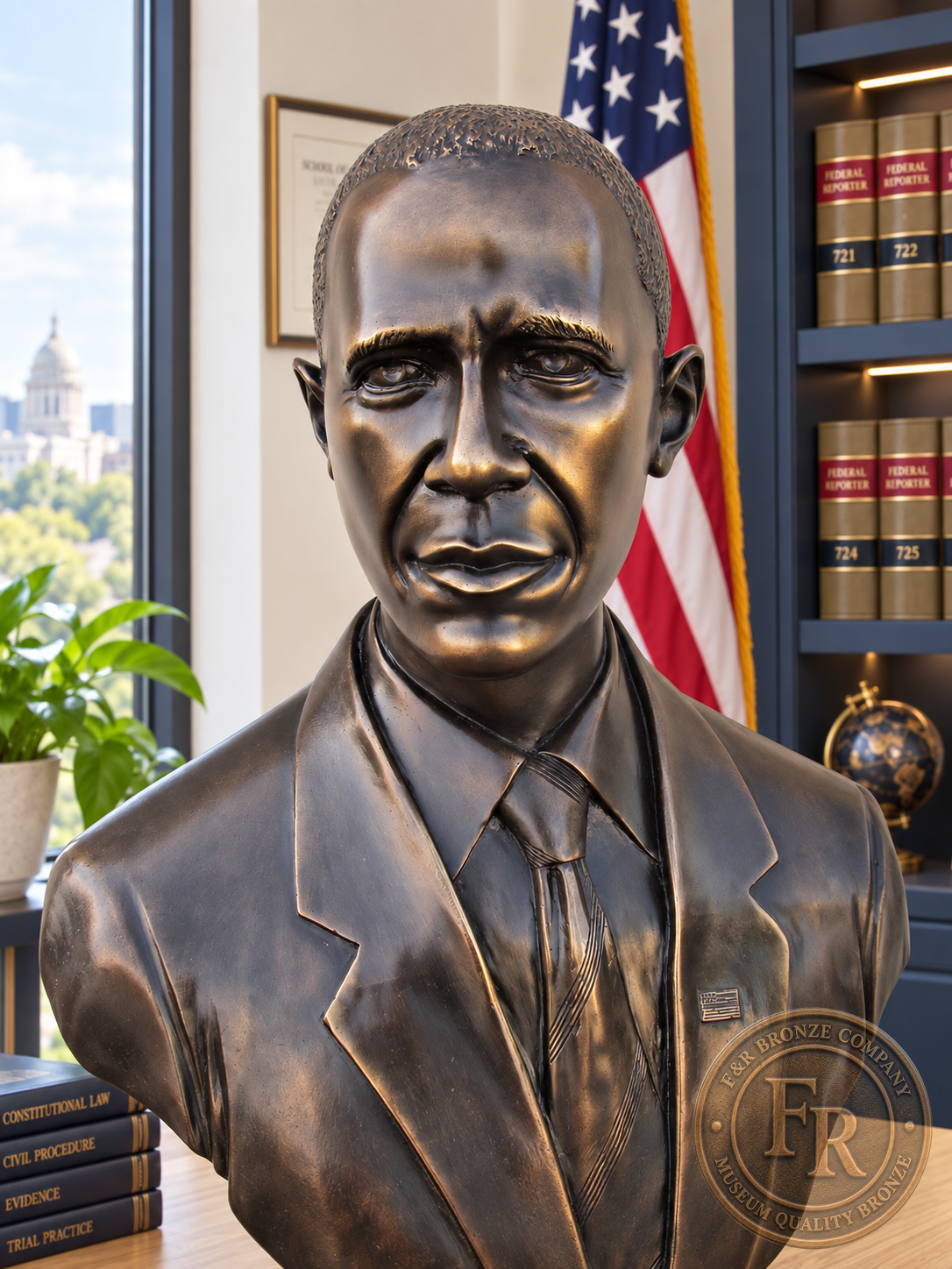 Facial and upper-torso detail of a Barack Obama presidential bronze bust, showing sculpted hair and an American flag lapel pin.