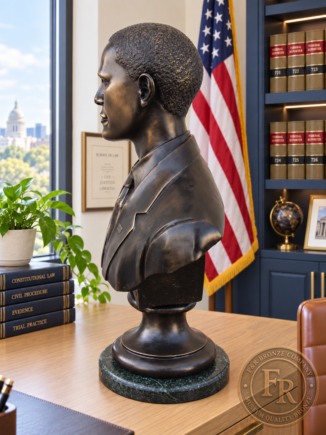 President Barack Obama bronze bust in left-facing profile with a dark brown patina and green stone base.