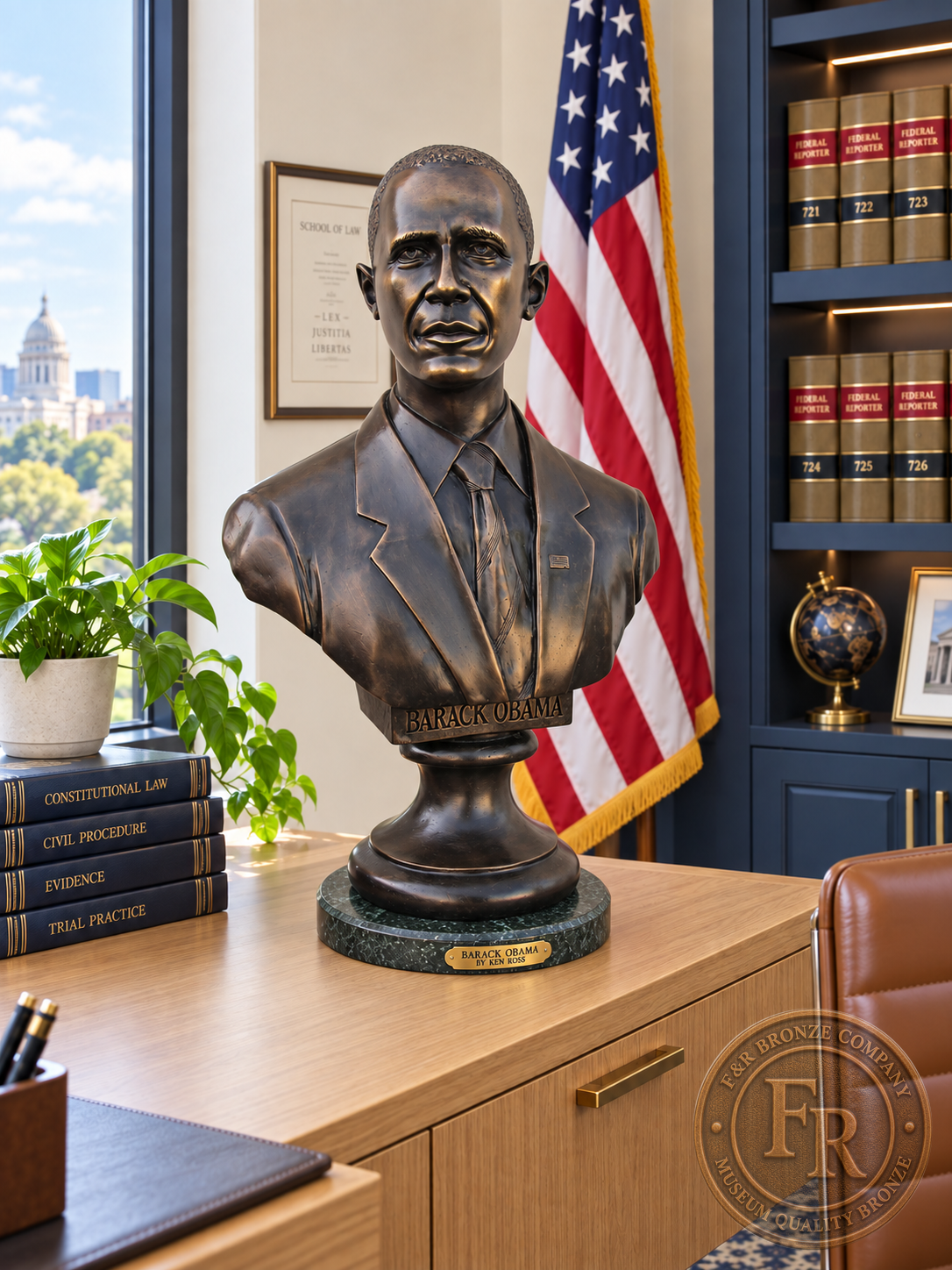 Barack Obama bronze statue on a wood office cabinet, with books, a plant and an American flag in the surrounding setting.