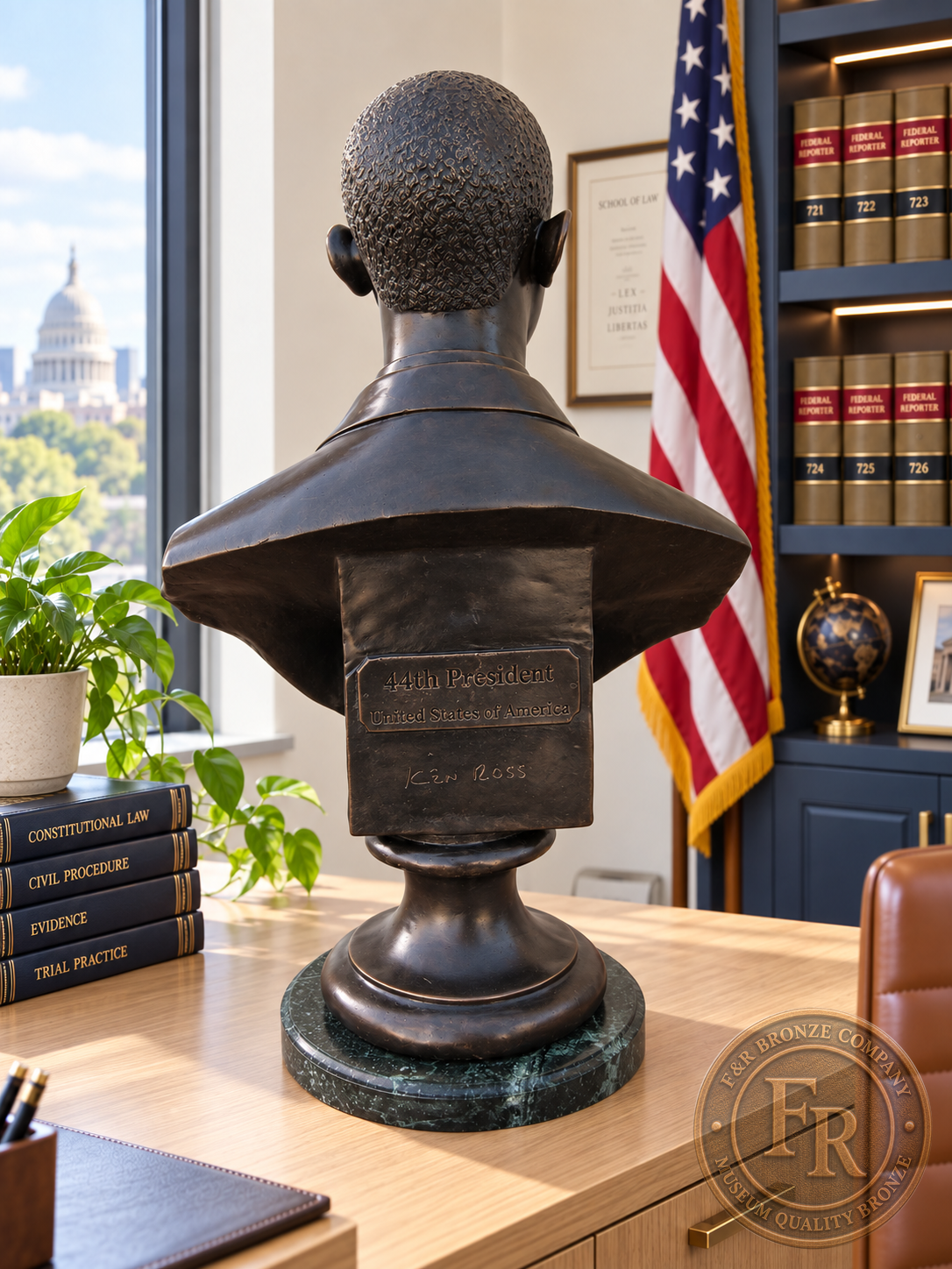 Rear view of the Barack Obama bronze sculpture, showing the modeled jacket, pedestal and circular stone base.