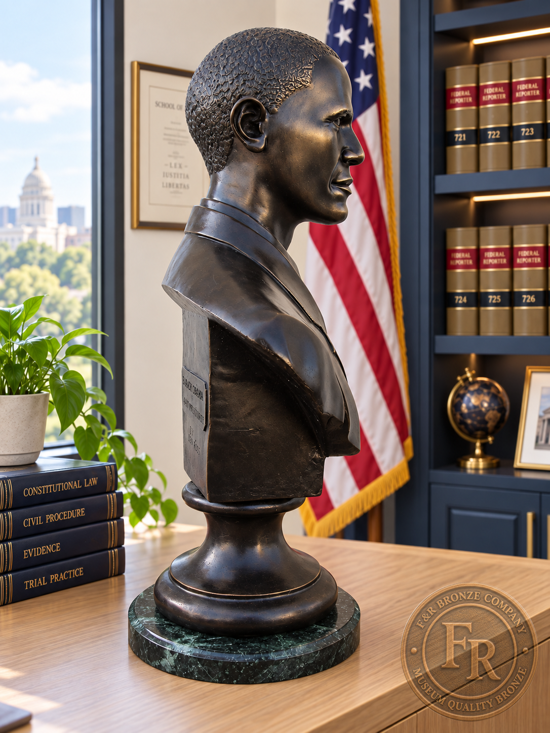 Barack Obama bronze portrait statue in right-facing profile, showing the suit, pedestal and circular green stone base.