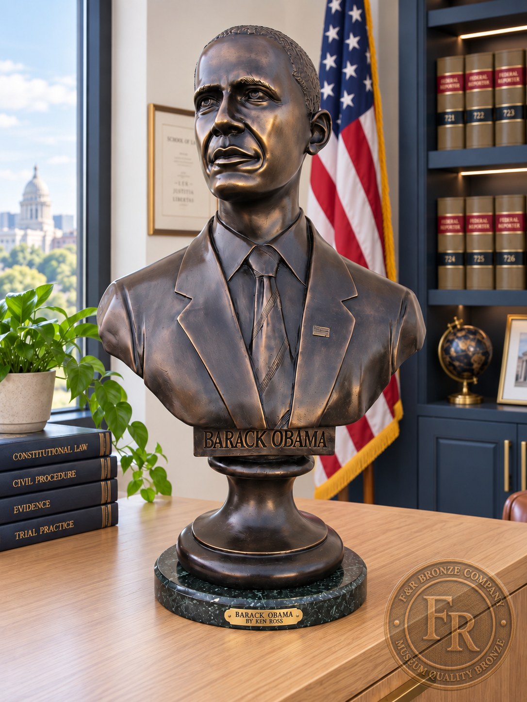 Three-quarter view of a Barack Obama presidential bronze sculpture on a green stone base in an office setting.