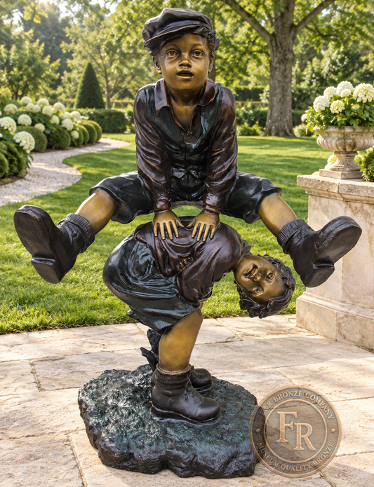 Front view of two boys playing leapfrog bronze statue, with its original bronze base on a stone garden terrace.