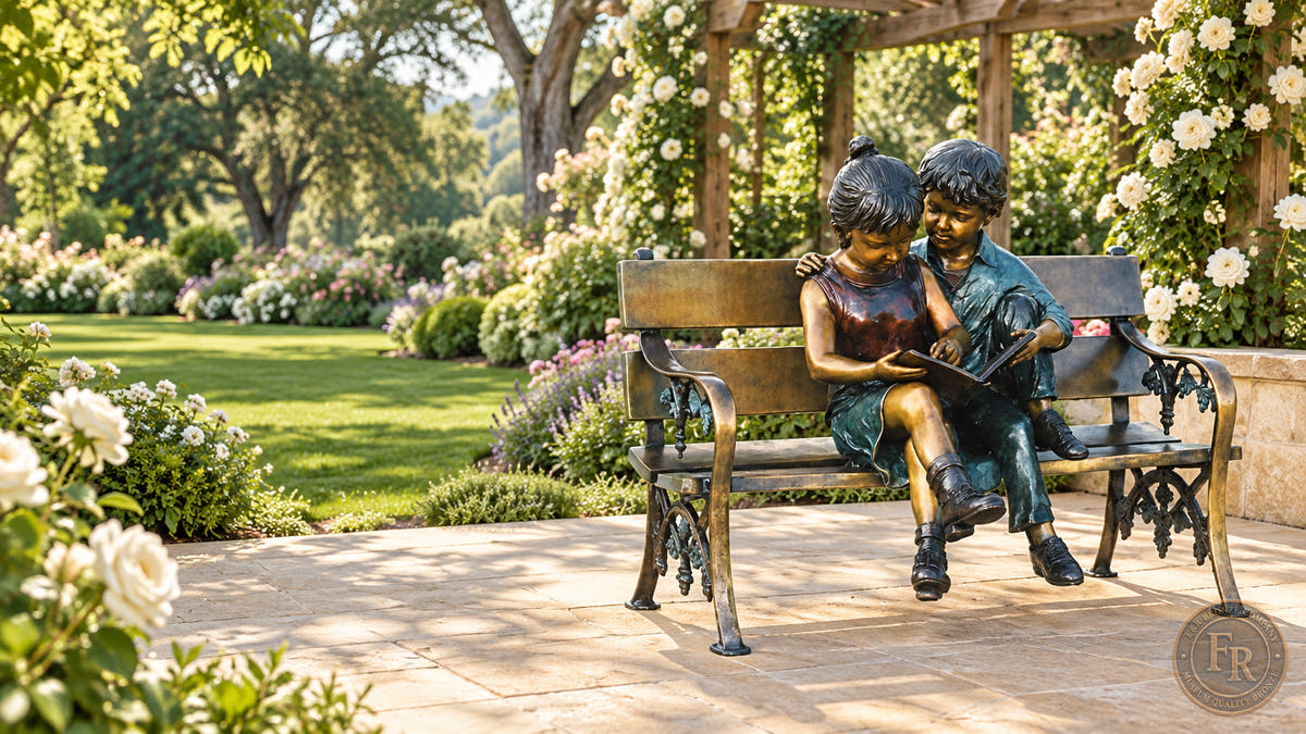 Wide architectural concept of the children reading bronze bench sculpture on a garden terrace beneath climbing roses.