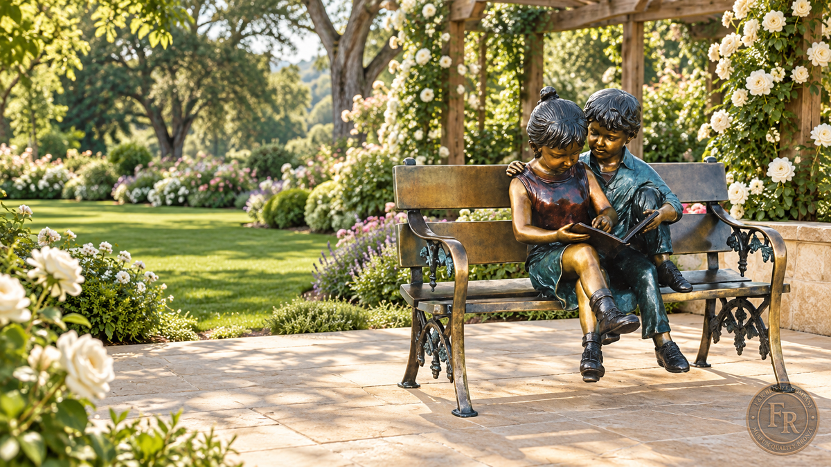 Wide architectural concept of the children reading bronze bench sculpture on a garden terrace beneath climbing roses.