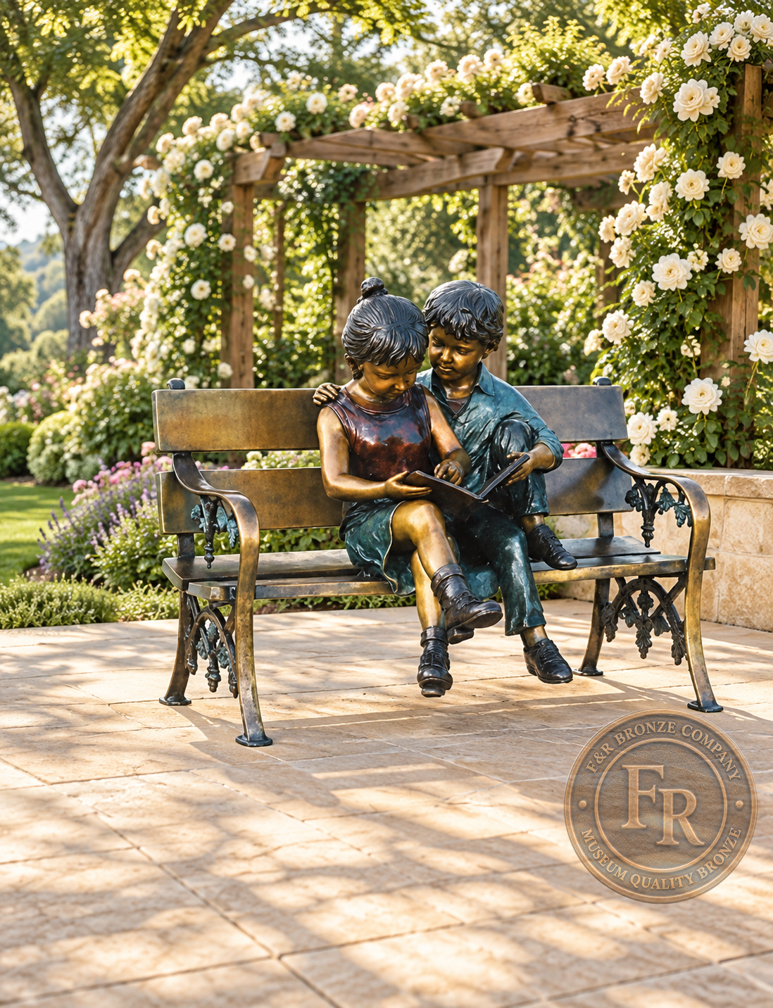 Architectural concept of Two Children on Bench Reading Bronze Statue in multicolor patina beneath a rose-covered garden arbor.