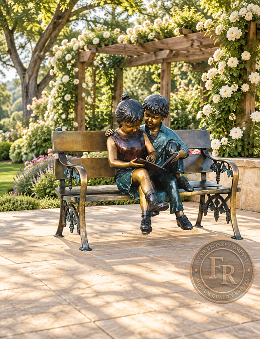 Front portrait view of Children on Bench Reading by Turner, a bronze sculpture of two children sharing a book on an ornate bench in a rose garden.