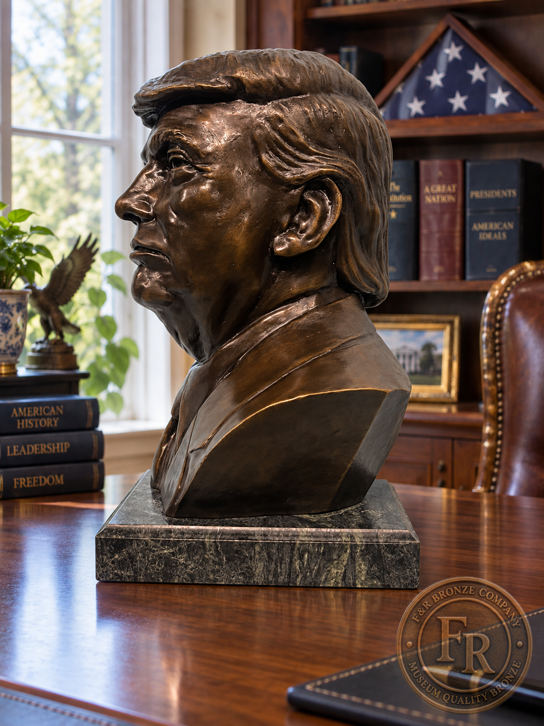 Donald J. Trump presidential bronze sculpture in left-facing profile, displayed on a walnut desk with a dark stone base.