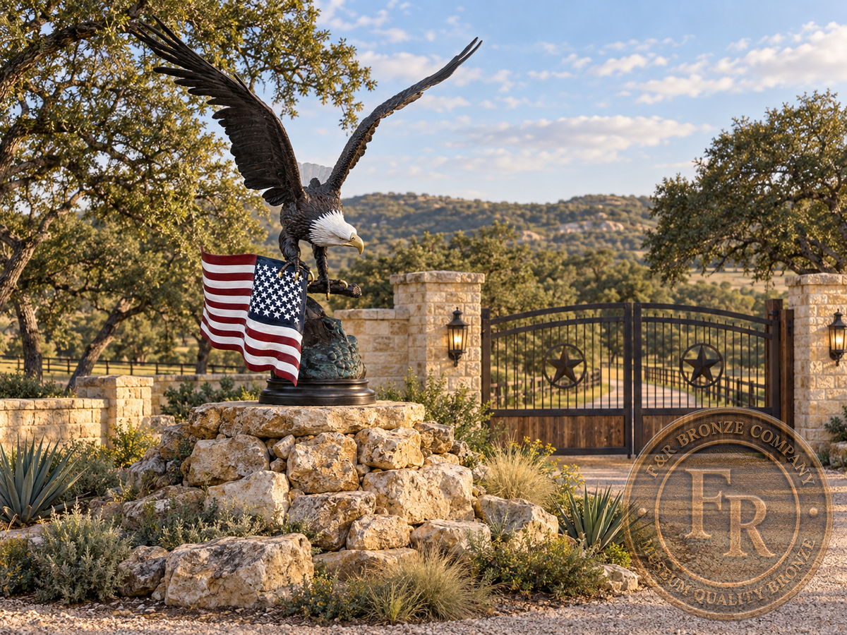 Front architectural concept of the bronze eagle and painted American flag above limestone landscaping at a Texas ranch entrance.