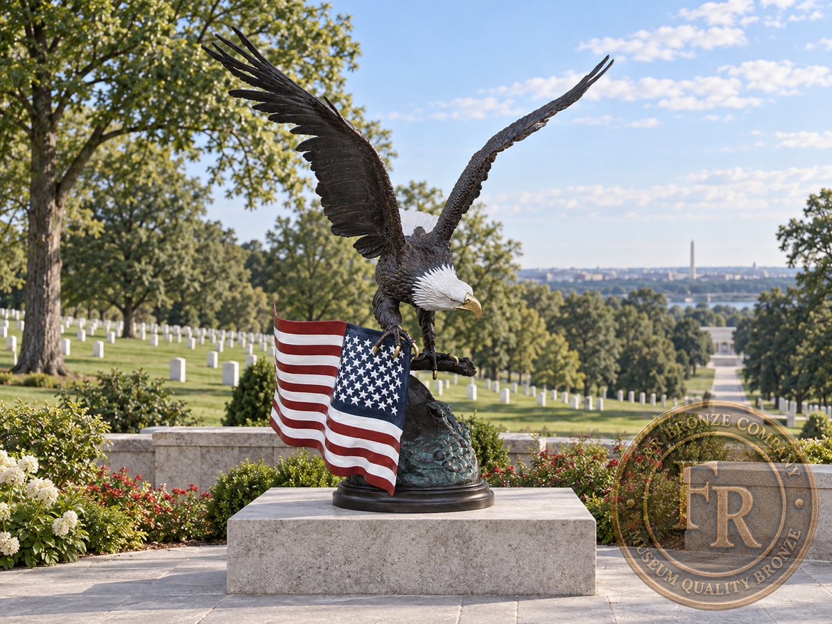 Bronze bald eagle with American flag on a rectangular pedestal in a cemetery memorial garden architectural concept.