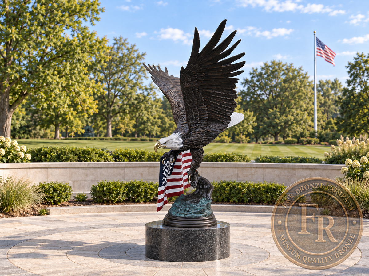 Side architectural concept of the eagle with American flag bronze statue, showing raised wings at a veterans memorial.