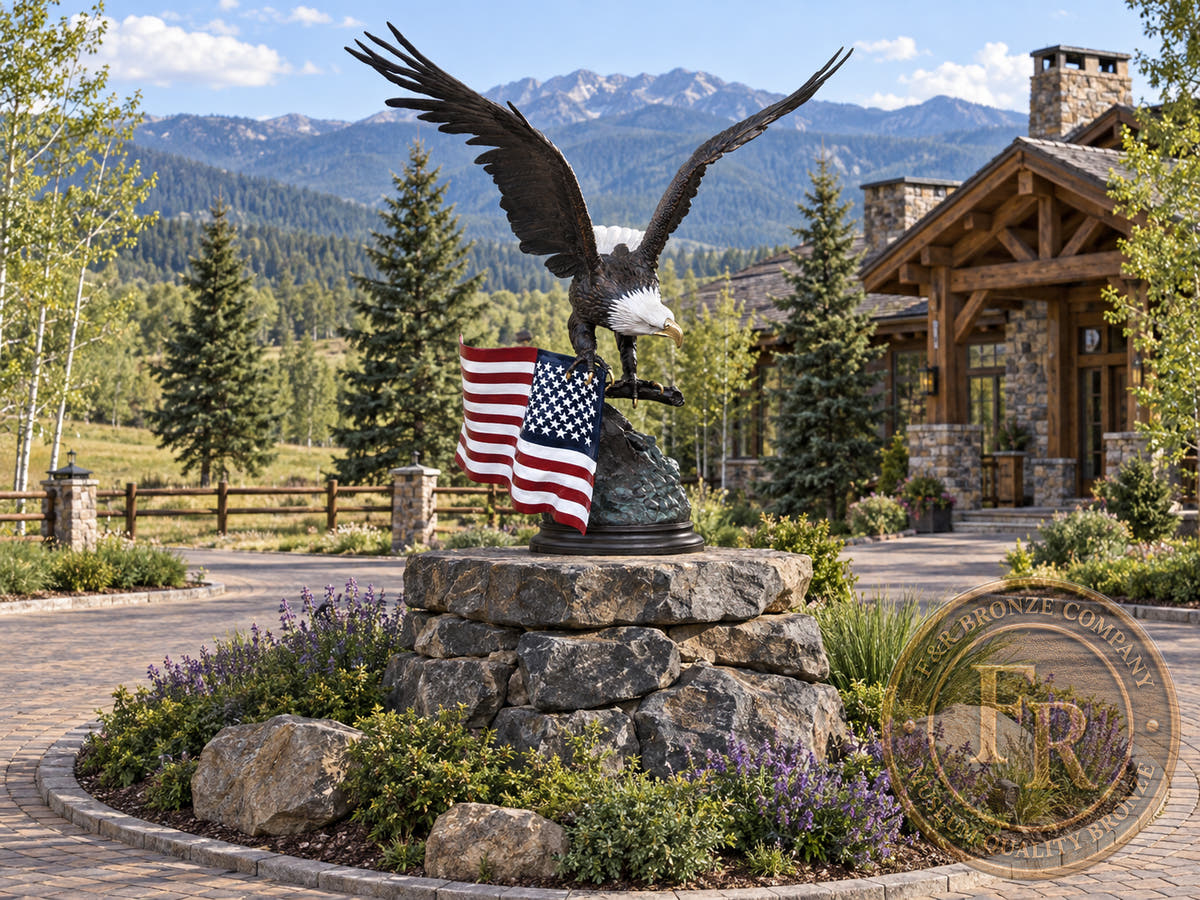 Wide architectural concept of the monumental bronze eagle and American flag in a mountain ranch arrival courtyard.
