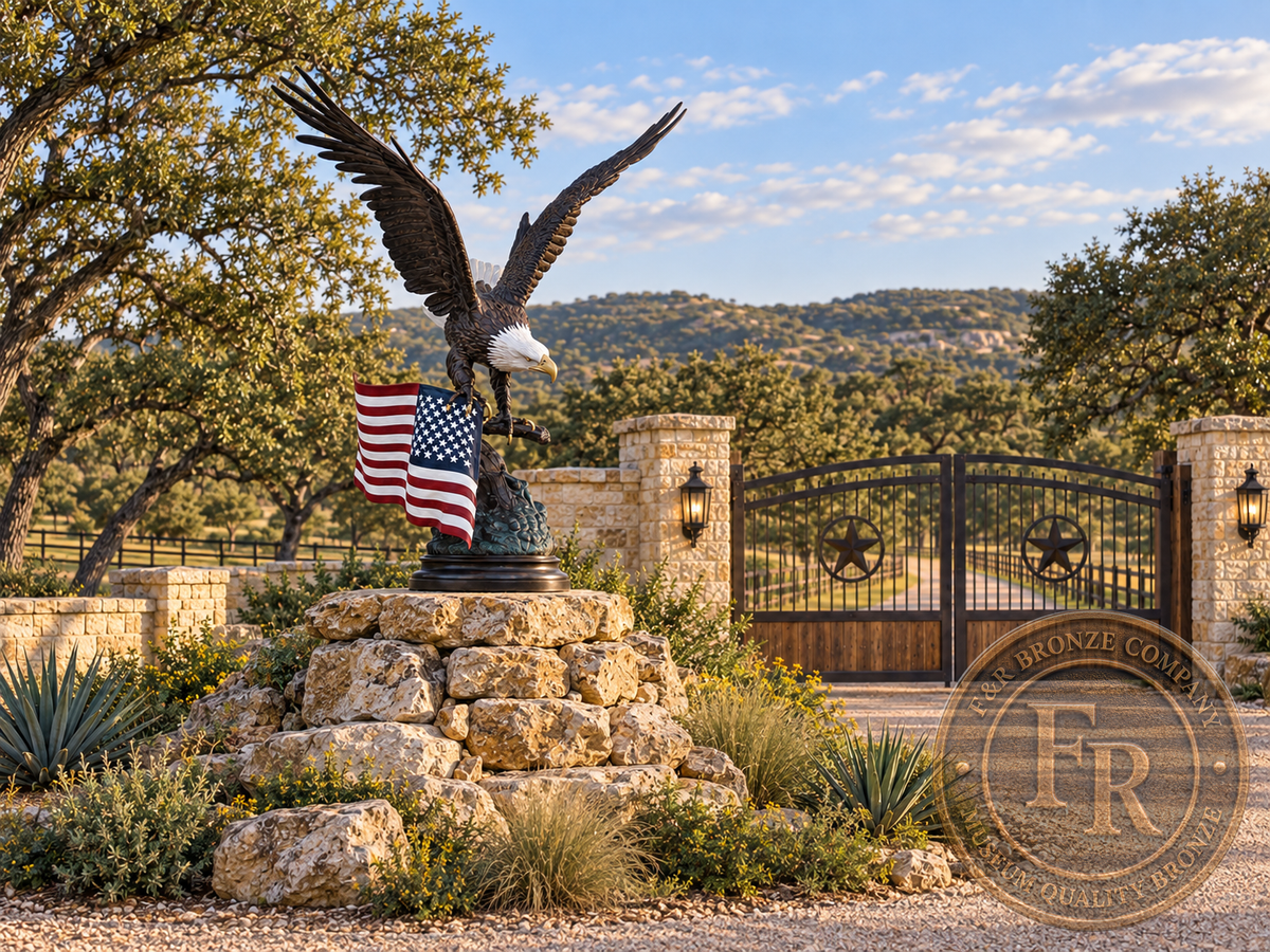 Alternate front three-quarter architectural concept of the patriotic eagle bronze sculpture at a landscaped ranch entrance.