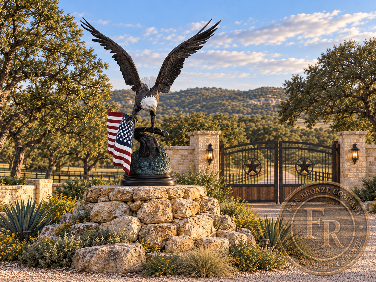 Front architectural concept of the bronze eagle with outstretched wings and American flag above a Texas ranch stone foundation.