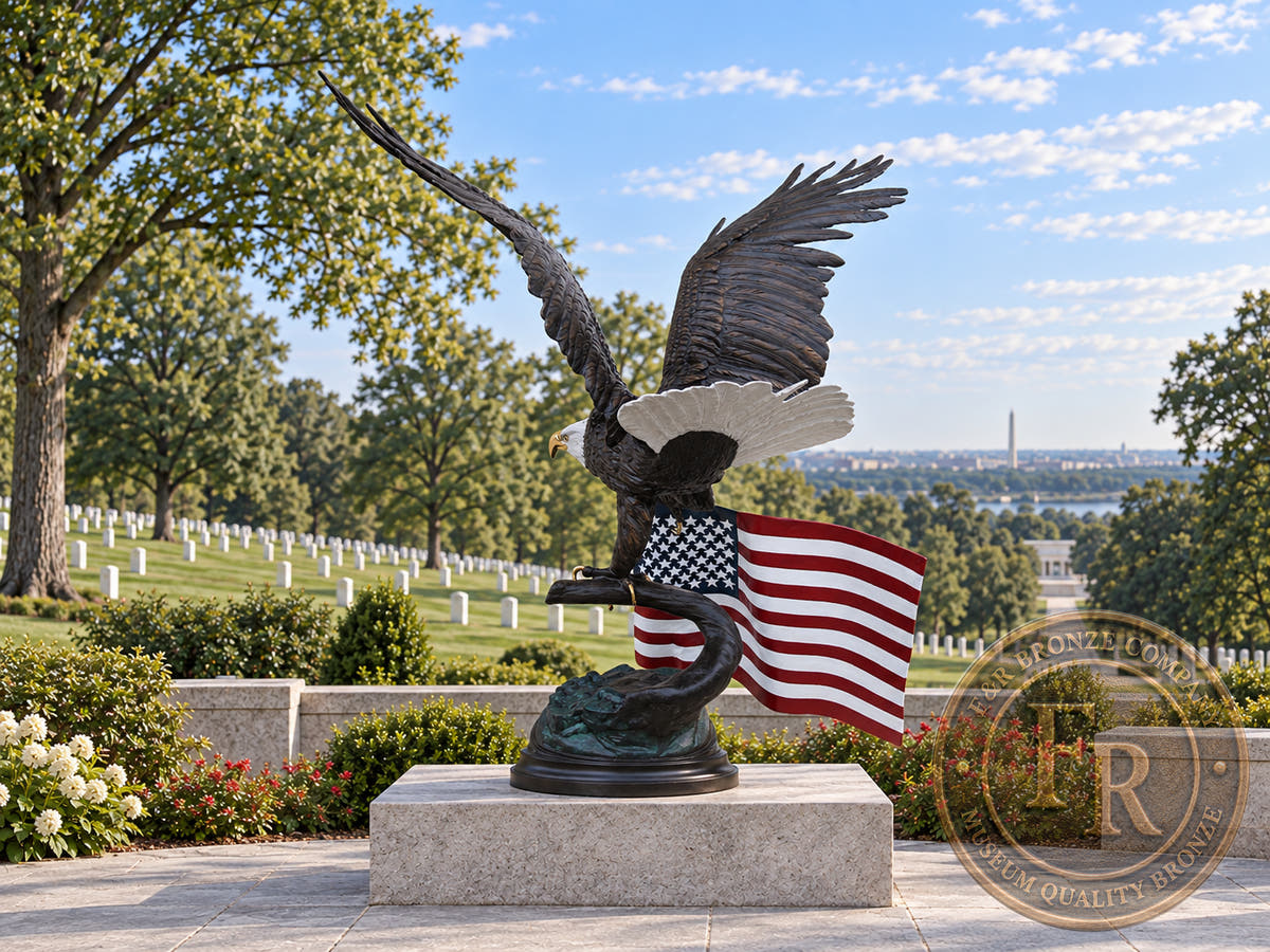 Rear three-quarter architectural concept of the eagle and American flag bronze sculpture on a cemetery garden pedestal.